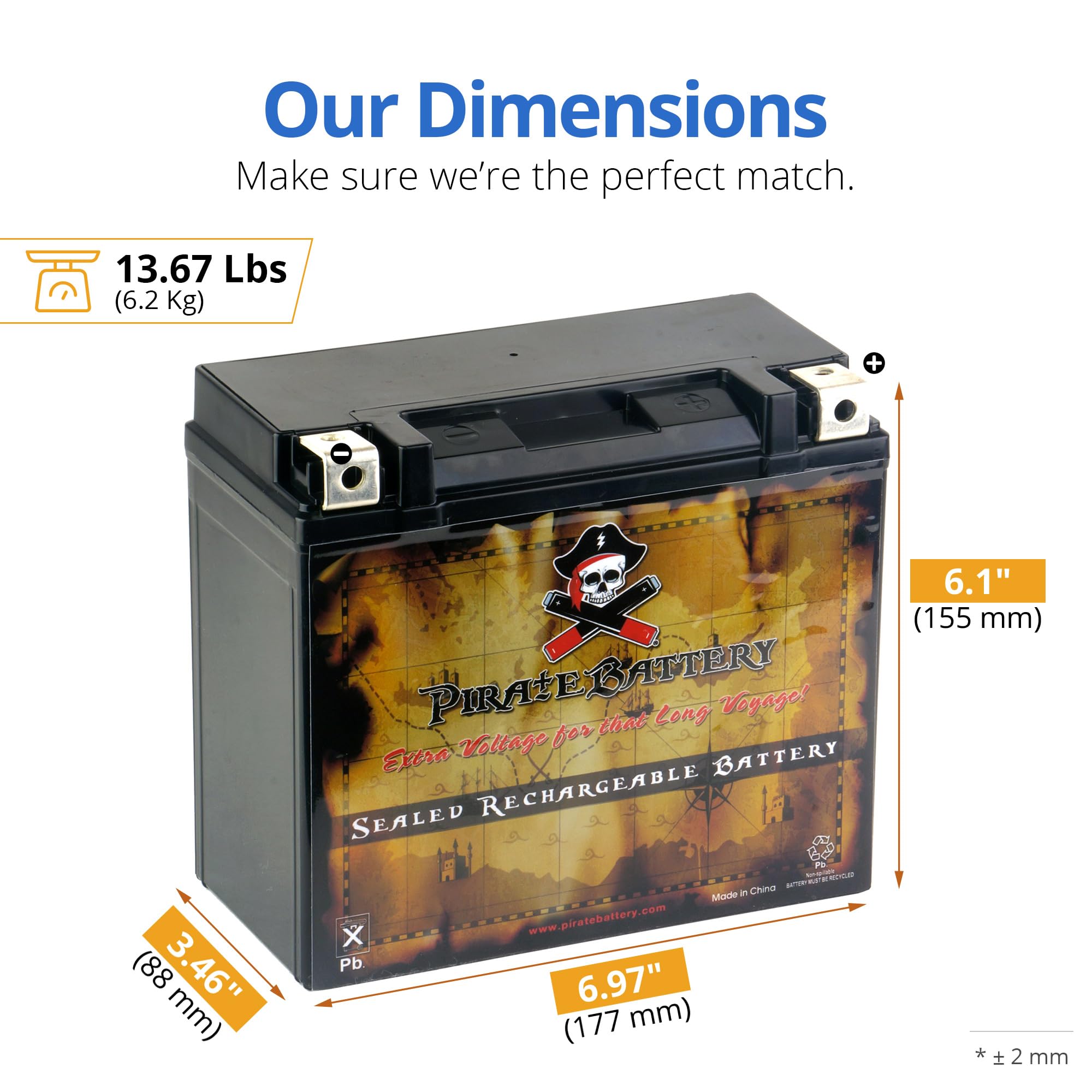 Pirate Battery YTX20HL-BS 12V 19Ah Maintenance-Free Battery for ATV, Motorcycle, Jet Skis - 6.89 x 6.1 x 3.43