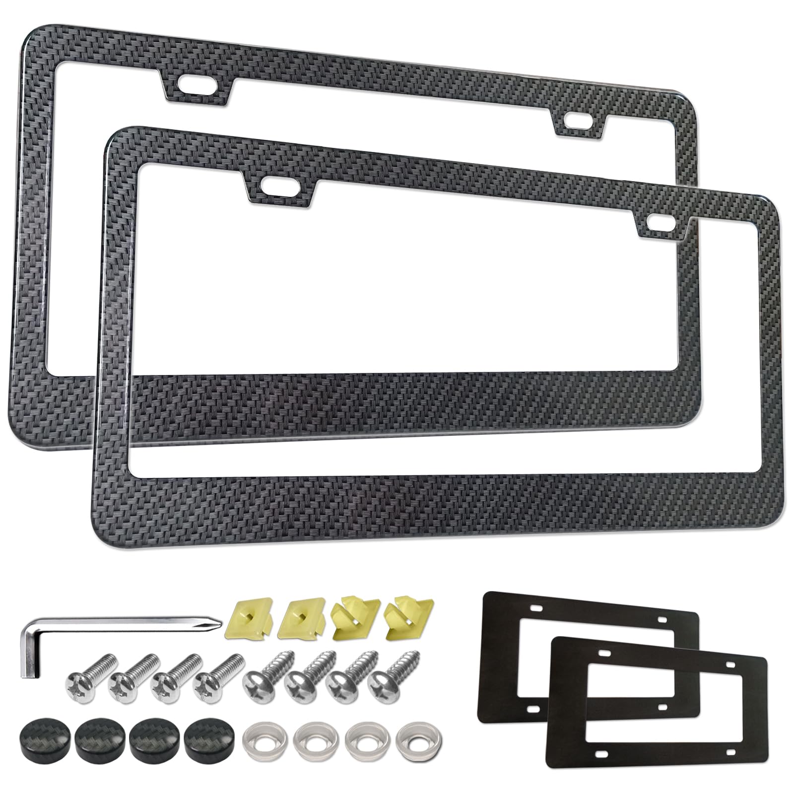 Aootf Carbon Fiber License Plate Frames - 2 Pack Black Aluminum 2 Holes Front & Rear Car Tag Cover Holder With Stainless Steel Screws, Caps And 2Pcs Anti-Rattle Foam Pads
