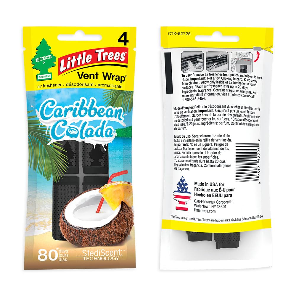 Little Trees Car Air Freshener. Vent Wrap Provides Long-Lasting Scent, Slip On Vent Blade. Caribbean Colada, 16 Air Fresheners,
