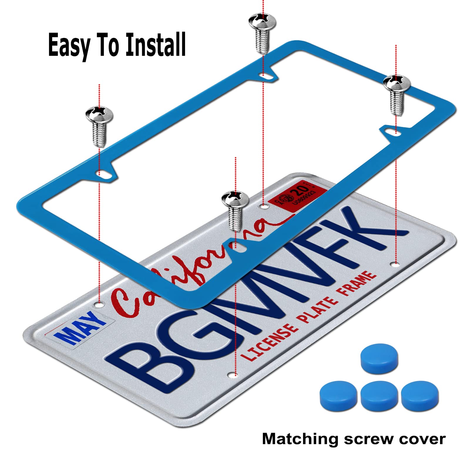 Youoy Blue License Plate Frames- Aluminum Front & Rear Car Tag Covers For Men Women, 2 Pack 4 Hole Thin Slim Holders With Mounting Hardware Kit- Stainless Steel Screws, Rattle Proof Pads