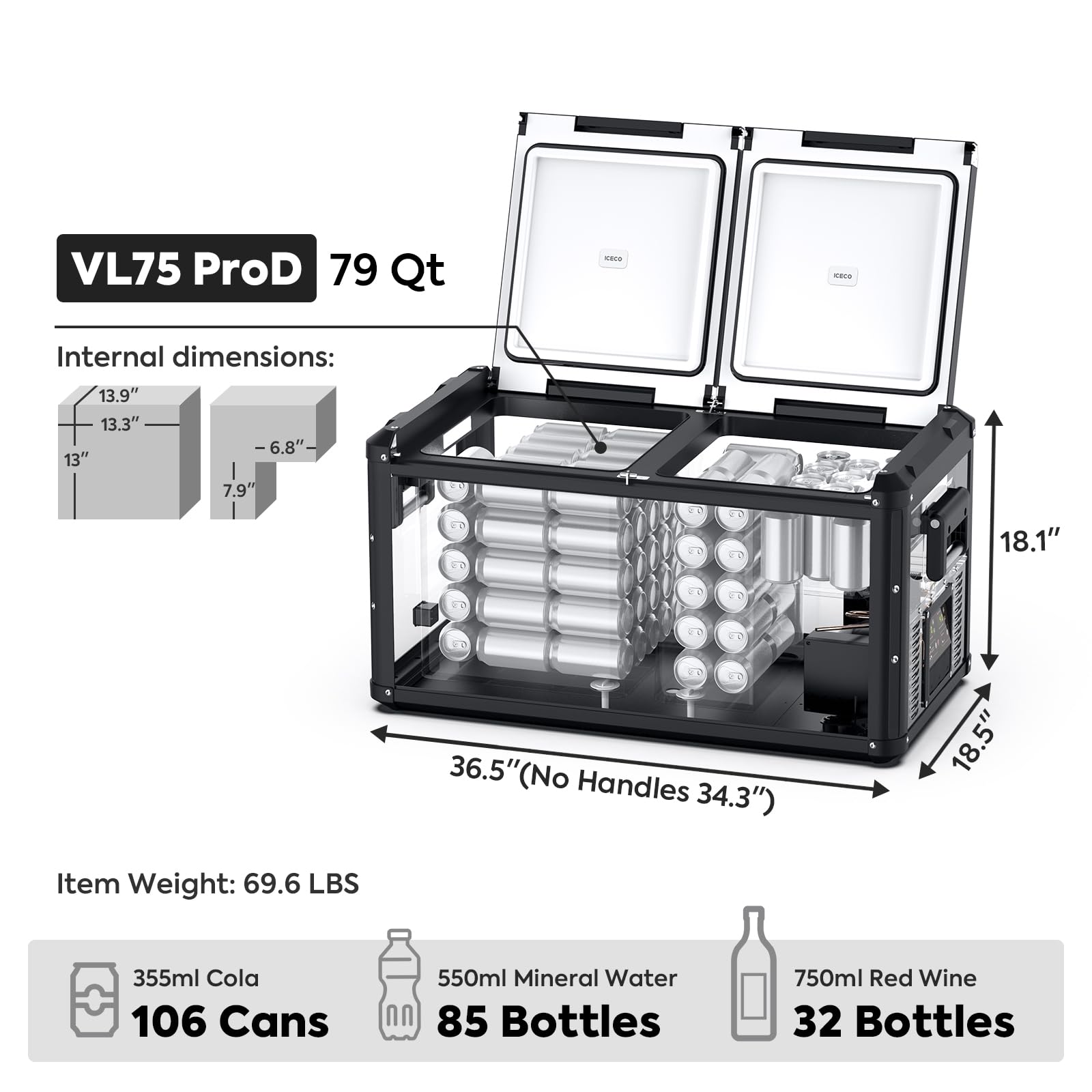 Iceco Vl75 Prod Portable Refrigerator, Multi-Directional Lid, Dual Usb & Dc 12/24V, Ac 110-240V, 75L Dual Zone Steel Compact Refrigerator Powered By Secop, 0? To 50?, Home & Car Use [Upgrade]