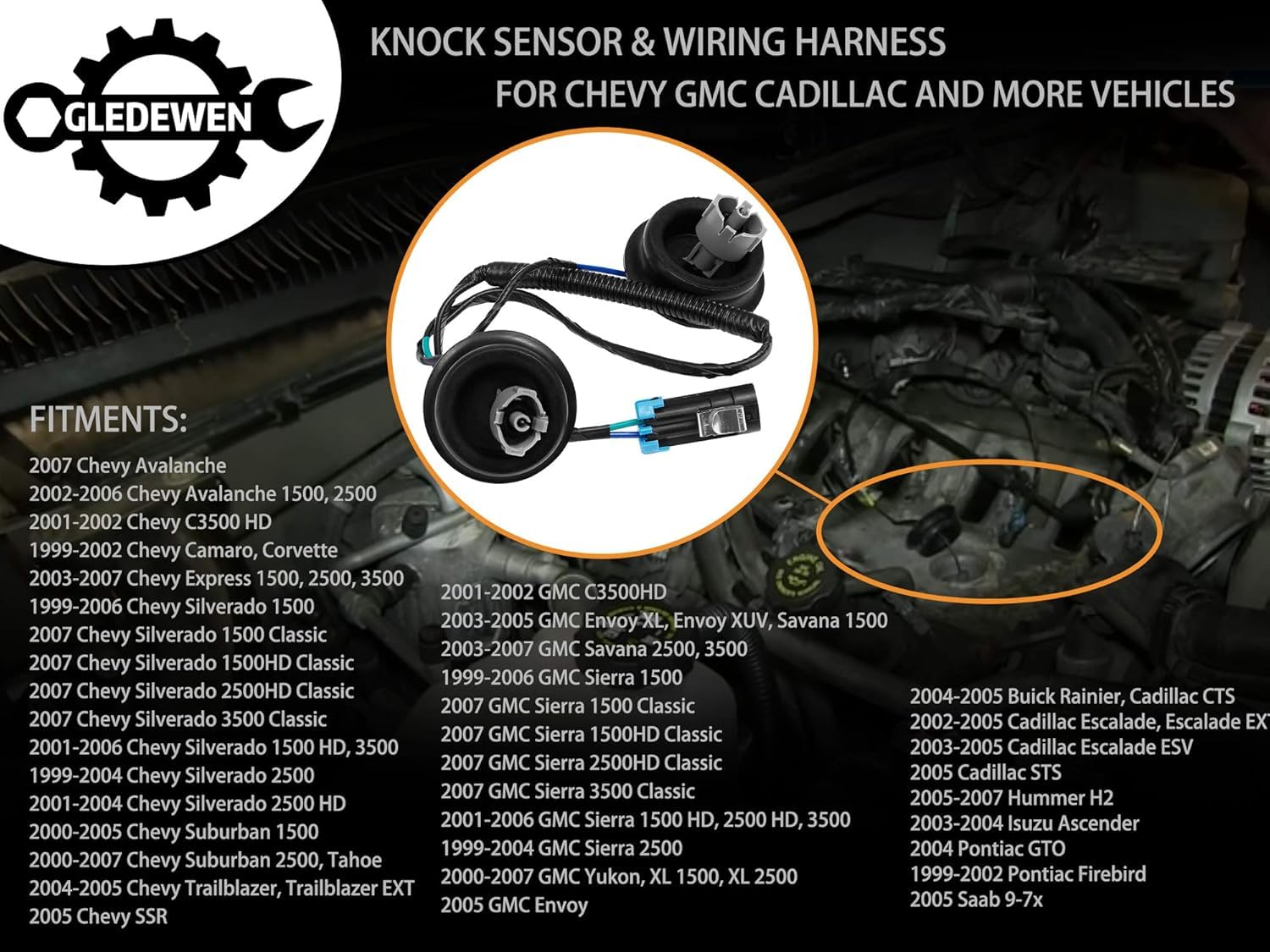 Gledewen Dual Knock Sensors Kit with Wiring Harness for GM Vehicles, Model 12601822, Stainless Steel, Fits Chevy Silverado, Tahoe, GMC Sierra