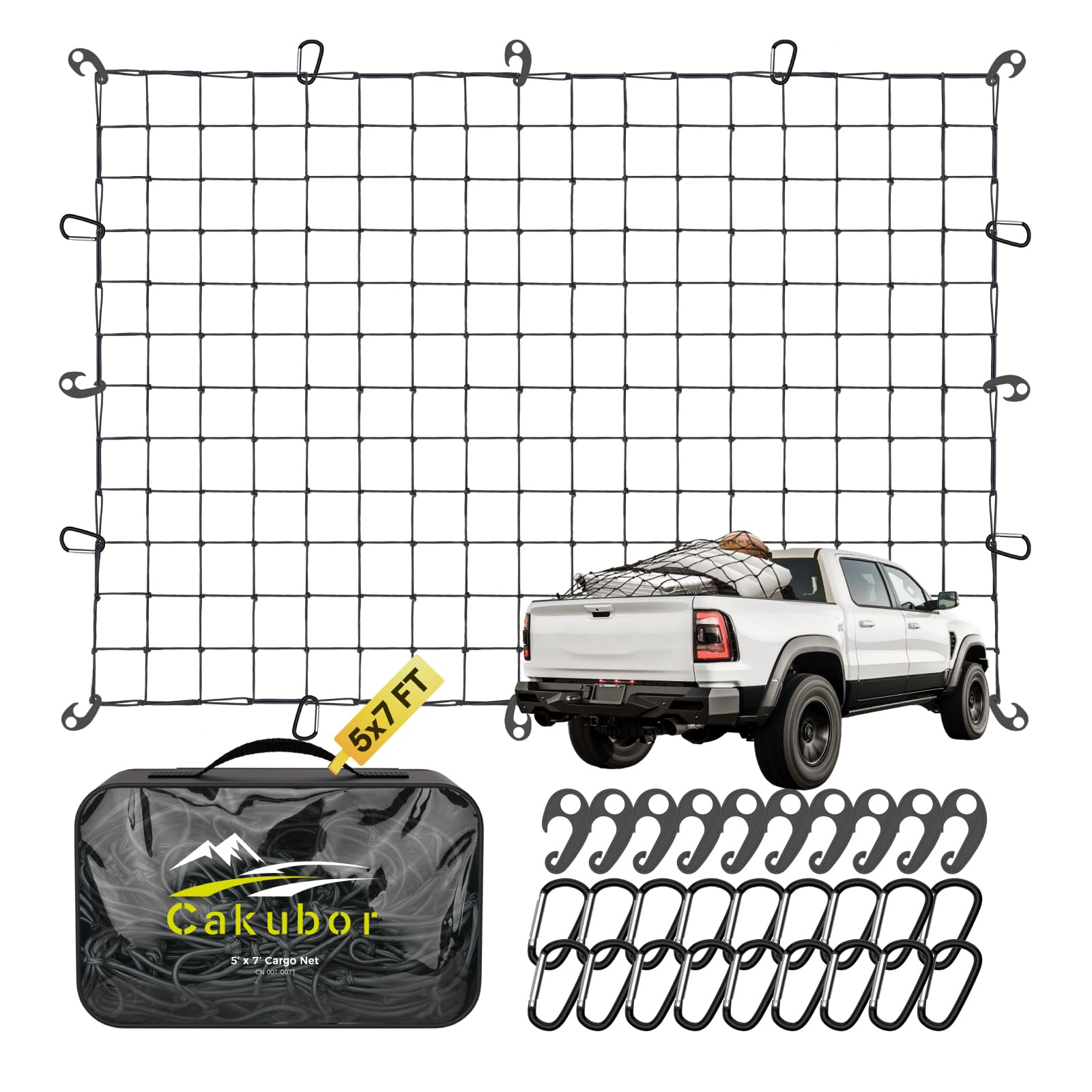 Cakubor 5'X7' Cargo Net For Pickup Truck Bed Suv, Stretches To 13'X18' Roof Rack Cargo Net, 4.9''X4.9'' Mesh Bungee Netting With