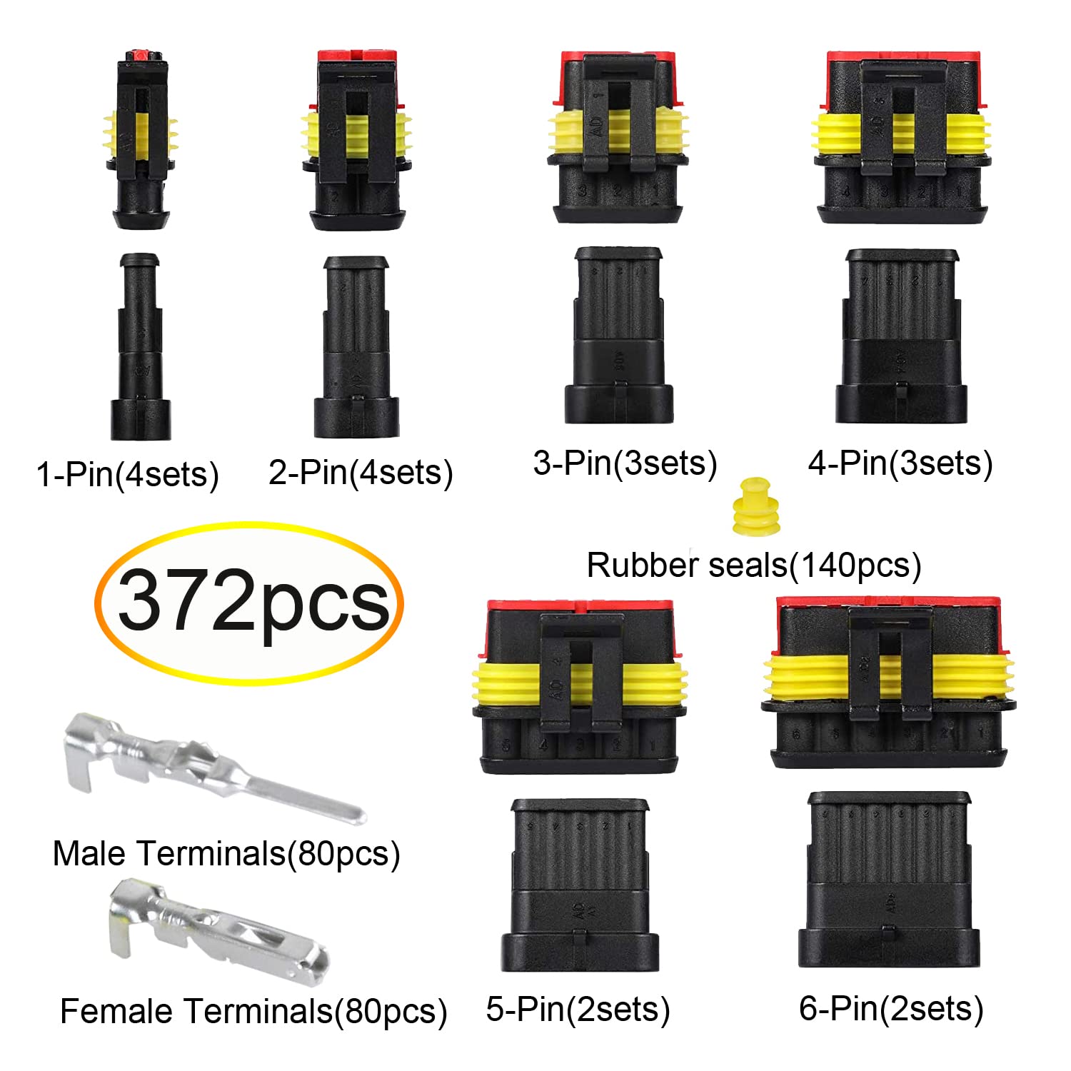 Twippo 372Pcs Waterproof Automotive Electrical Connectors Quick Connect Wire Connectors Automotive 1/2/3/4/5/6 Pin Connectors Ki