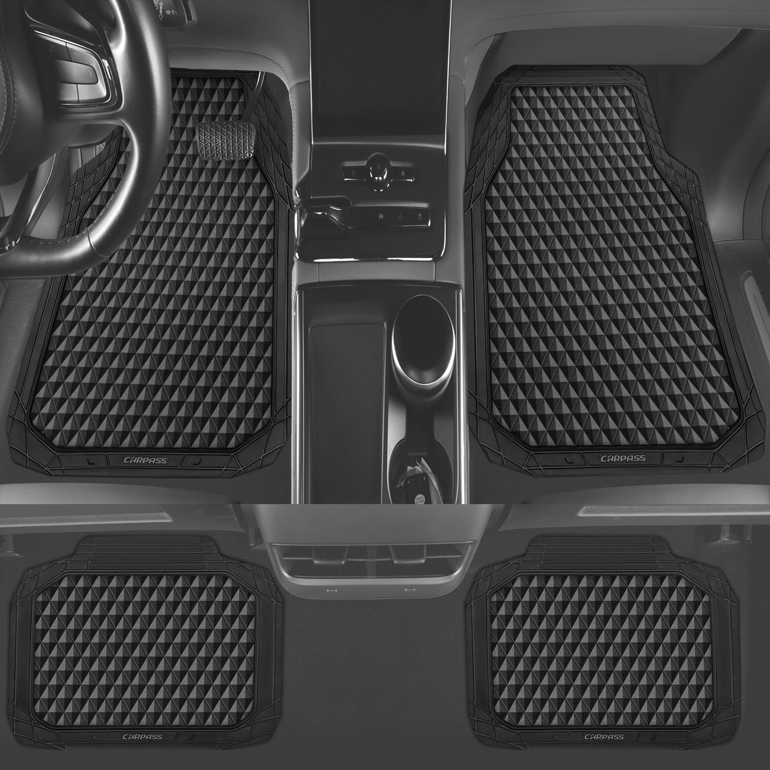 CAR PASS Black Rubber Car Mats, All-Weather Floor Mats Full Set Durable Anti-Slip 3D Rhombus Waterproof Automotive Pad Trim to F