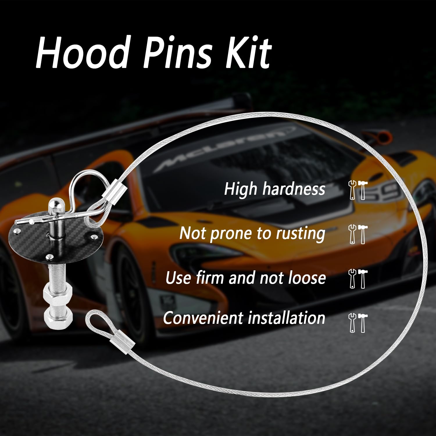 IHOTDER Stainless Steel Car Hood Pins Kit - Quick Release, 4.13"x2.49", Carbon Fiber Black, Reduces Shaking, Universal Automotive Accessory