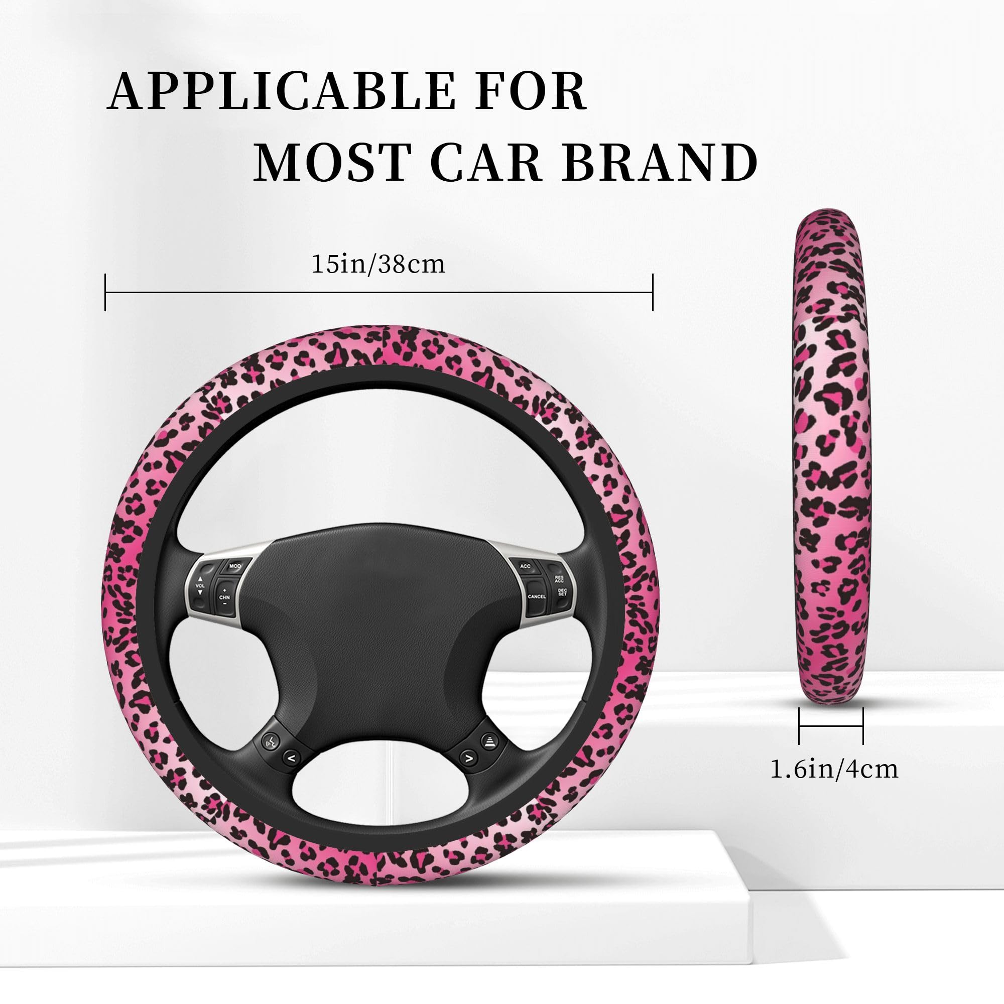THOEWONG Leopard Pattern Pink Steering Wheel Cover, Non-Slip Neoprene, Universal 15 Inch, Cute Car Accessories