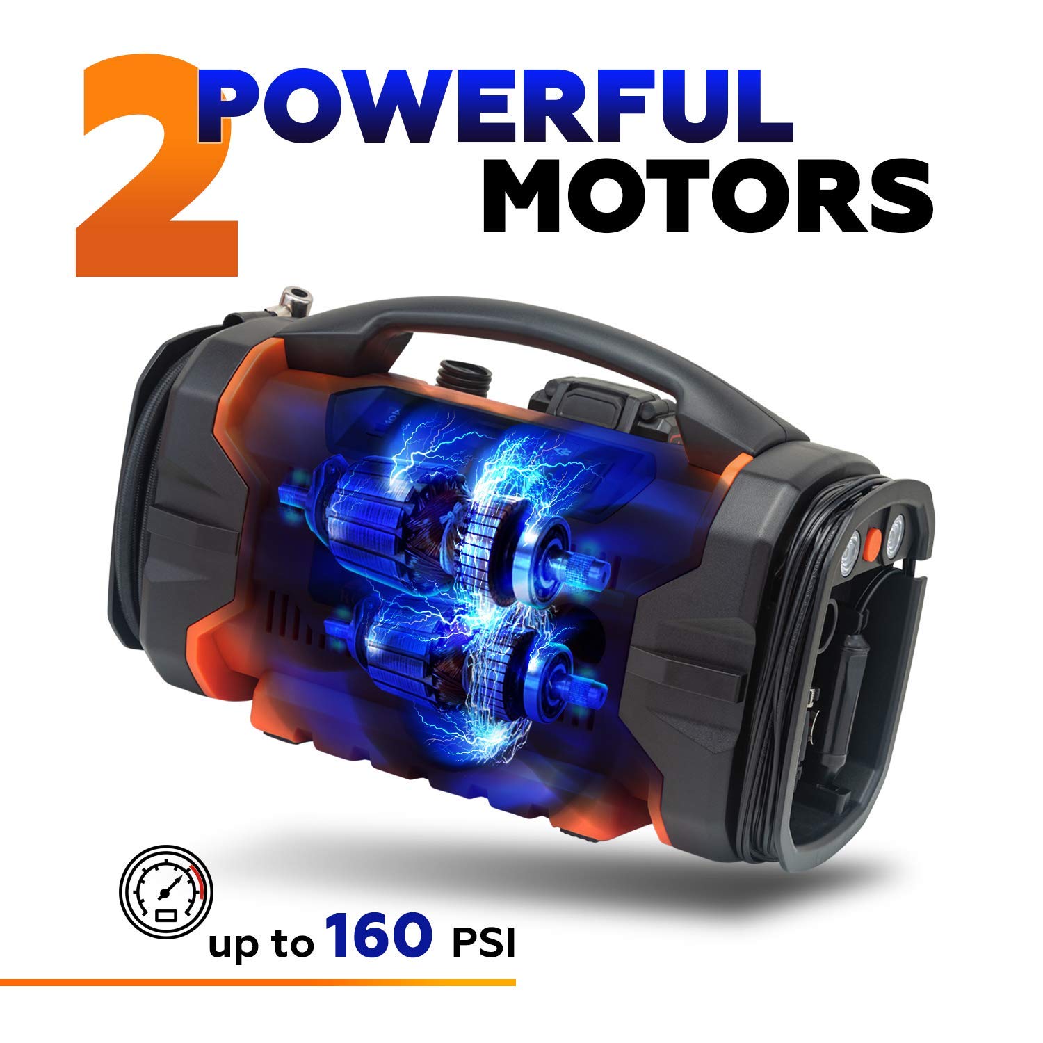 RoofPax Tire Inflator Portable Air Compressor 160 PSI 12V/110V, Heavy Duty, Digital Pressure Gauge, Orange, Model TB-V3SL-VOHB