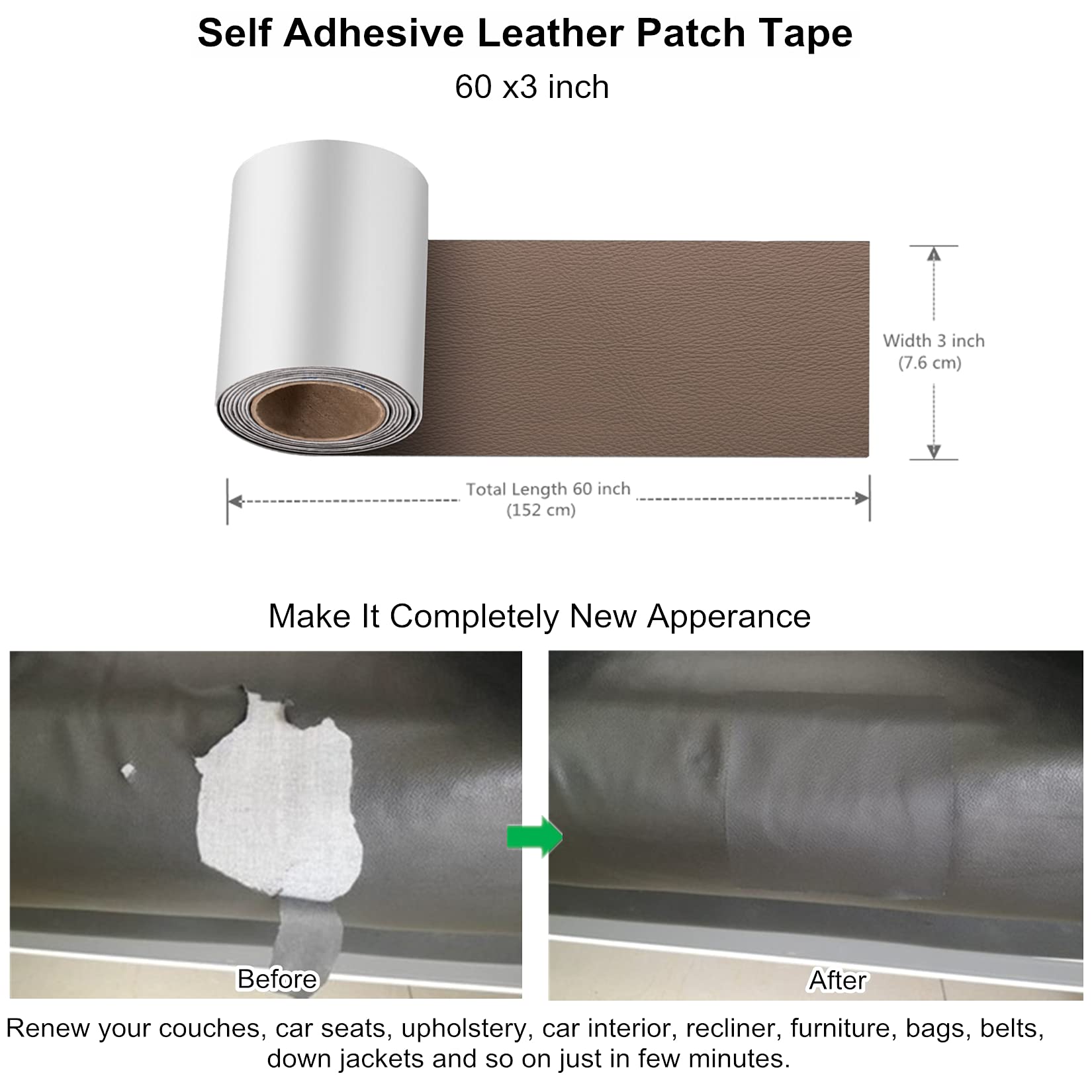 ILOFRI Leather Repair Patch Tape, Self-Adhesive, 3x60 inch, Light Brown, Durable Vinyl for Couches, Car Seats, Sofas, Model TL360-07
