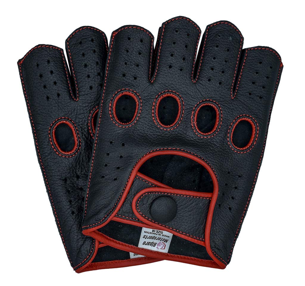 Riparo Mens Genuine Leather Reverse Stitched Half-Finger Driving Motorcycle Gloves (Medium, Black/Red)