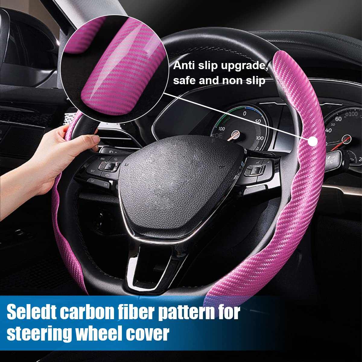 Car Steering Wheel Cover, Carbon Fiber Pu Leather Segmented Steering Wheels Protector, Breathable Anti Slip Durable Auto Interior Accessories For Women Men, 15 Inch Universal For Most Cars (Pink)