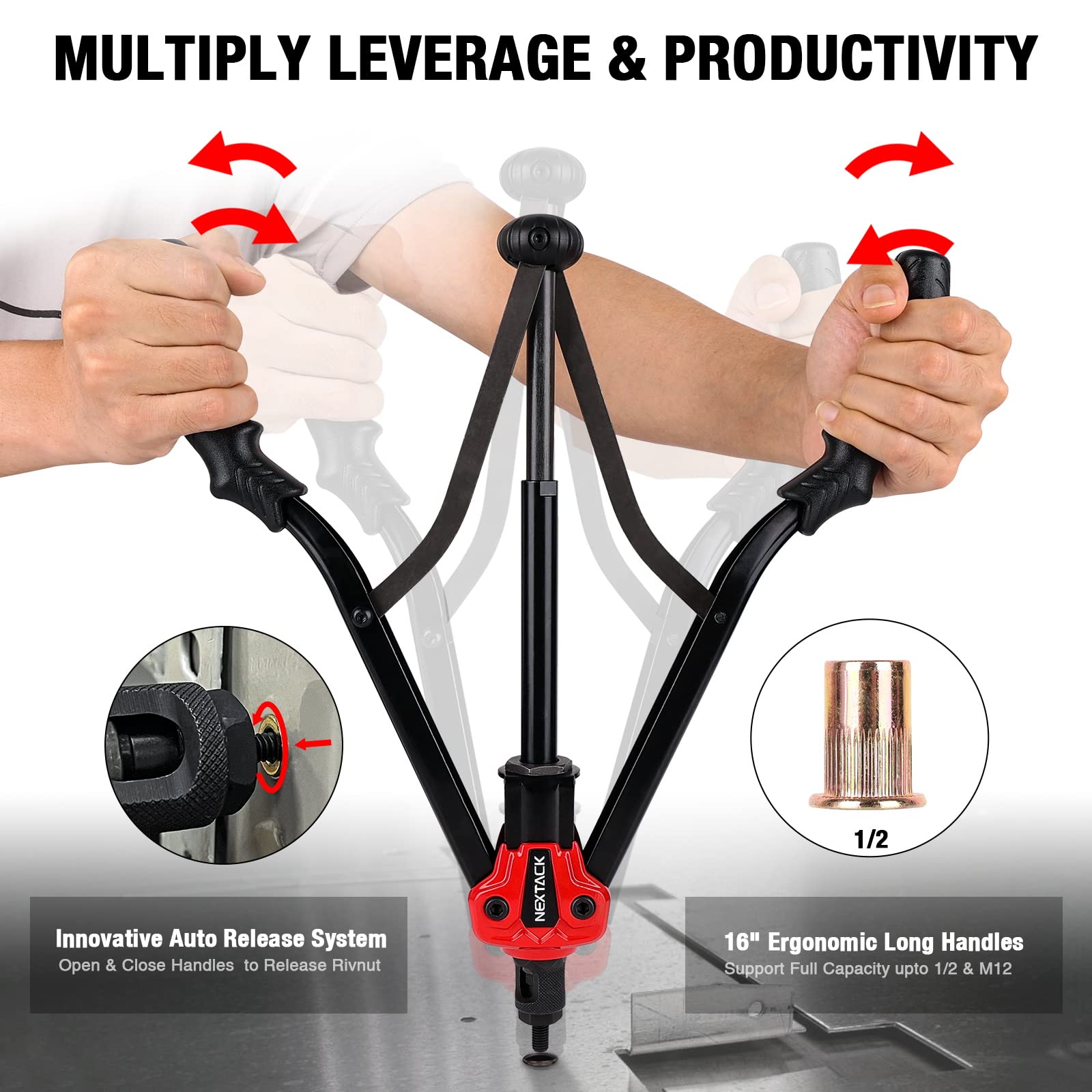NEXTACK 16" Heavy Duty Rivet Nut Tool Kit - 105 Rivnuts, 12 Mandrels, Semi Auto Release, Red Black, Model NT800