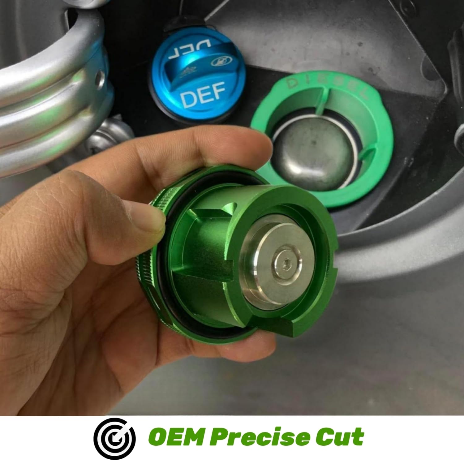 JOJOY LUX Diesel Fuel Cap & DEF Lid - Magnetic Replacement for 2019-2024 Ram 1500 2500 3500 - Green Aluminum