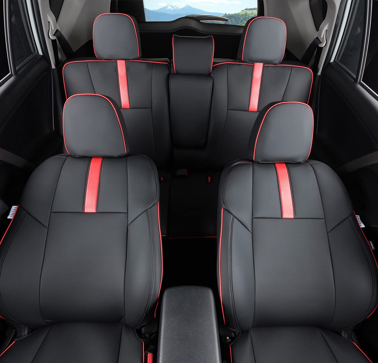 LULUDA Custom Fit Toyota RAV4 Seat Covers, Faux Leather, Waterproof, Black with Red Trim, Full Set for 2013-2018 RAV4