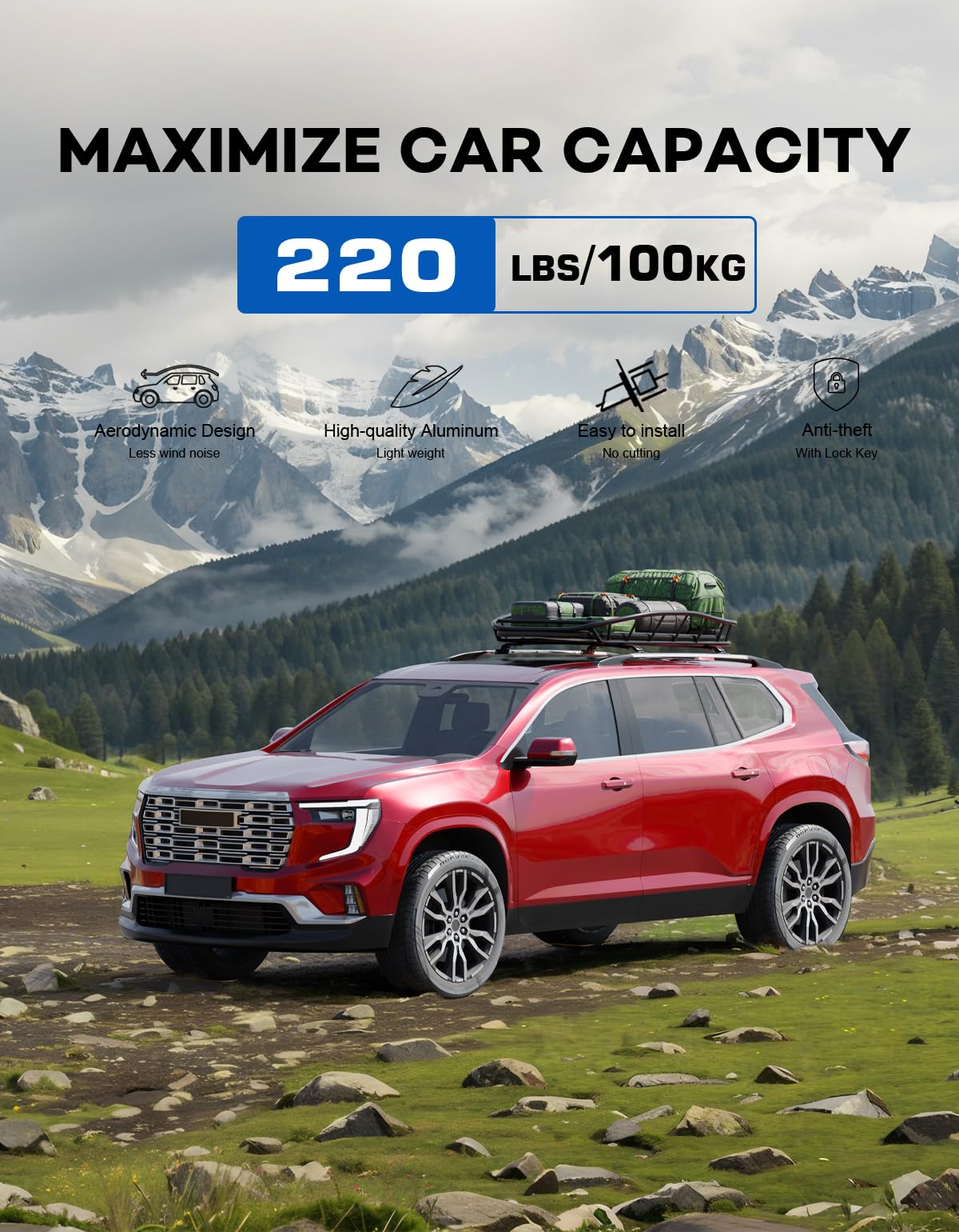 Wonderdriver Roof Rack Cross Bars for GMC Acadia 2024-2026, Heavy Duty Aluminum, Black, Model 104-03WD, Fits Side Roof Rails