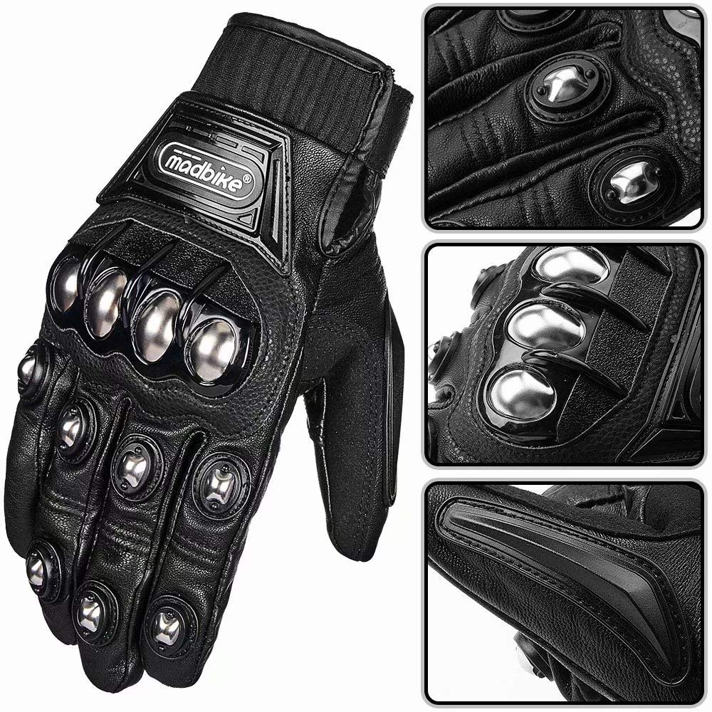 ILM Motorcycle Gloves - Alloy Steel Leather Hard Knuckle, Touchscreen, Large, Black Model 10CL