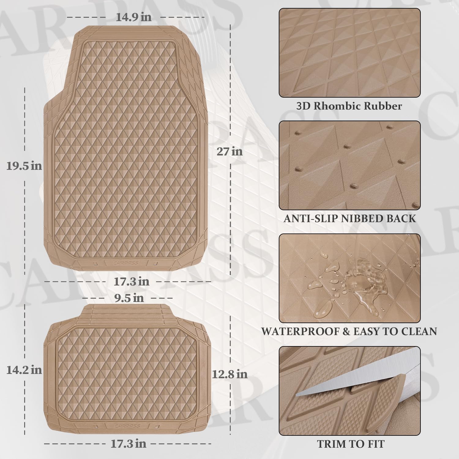 CAR PASS Beige Rubber Car Mats, All-Weather Floor Mats Full Set Durable Anti-Slip 3D Rhombus Waterproof Automotive Pad Trim to F