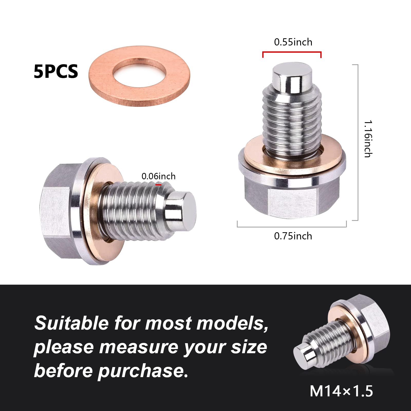 Kewucn Magnetic Oil Drain Plug, M14  1.5 Stainless Steel Oil Drain Plug with 5 Pcs Copper Crush Washer, Aluminum Craft with Red
