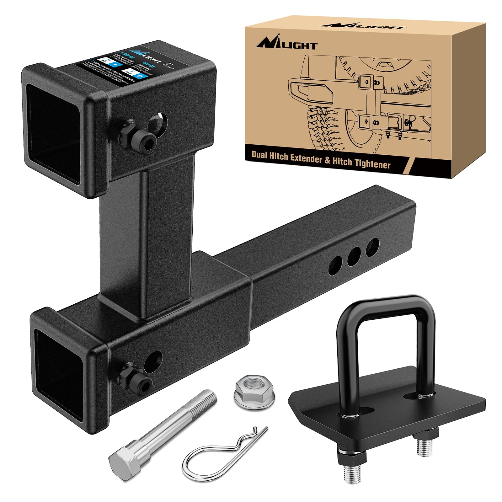 Nilight Dual Hitch Extender To 10 Inch Max Extension Length With Hitch Tightener Anti Rattle For 2 Inch Receiver With 5/8 Inch B