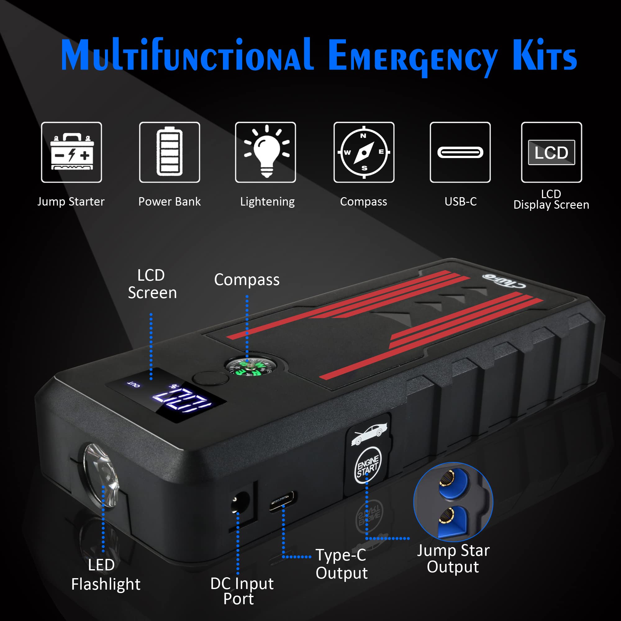 Battery Jump Starter For Car, Ctwjo 12V 800A Portable Jump Starter Booster With Usb-C Smart Port, Compass, Lcd Screen, Led Light, Travel Case (Up To 7.2L Gasoline 5.5L Diesel Engines)