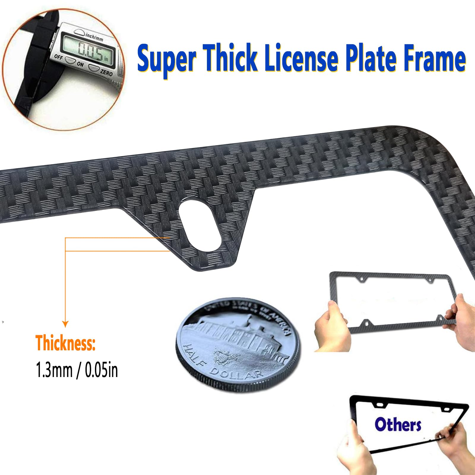 Aootf Carbon Fiber License Plate Frames -4 Holes Black Aluminum Car Tag Cover Holder Printing Carbon Fiber Pattern, Metal Slim S