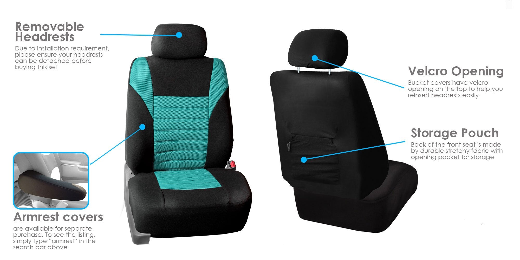 Fh Group Automotive Car Seat Covers Full Set Premium 3D Air Mesh Mint And Black Seat Covers, Airbag Compatible And Split Bench C