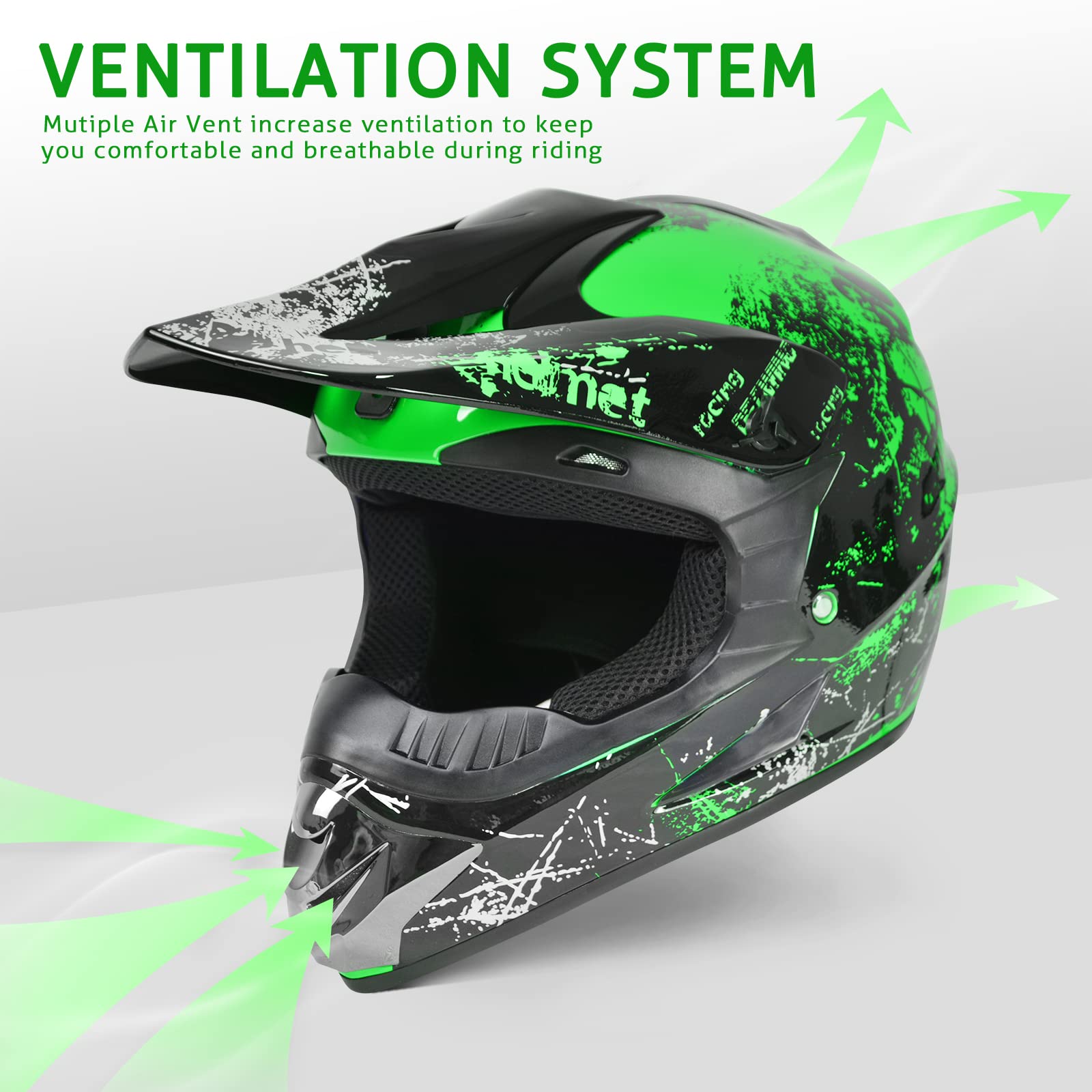 SanQing Motocross Helmet - DOT Approved Off-Road Motorcycle Gear, Medium Size, Green, Model NH1024, Durable ABS Material