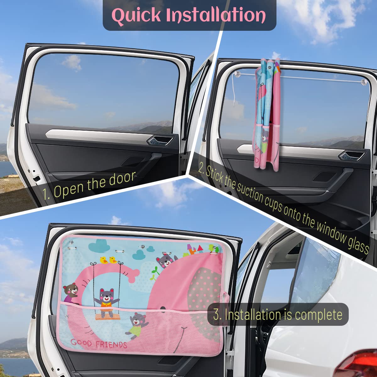 Diza100 Car Sun Shade For Window Baby, 2 Pack Full Shade Window Shades With Storage Net Pocket, 7 Suction Cups, Cute Elephant Fo