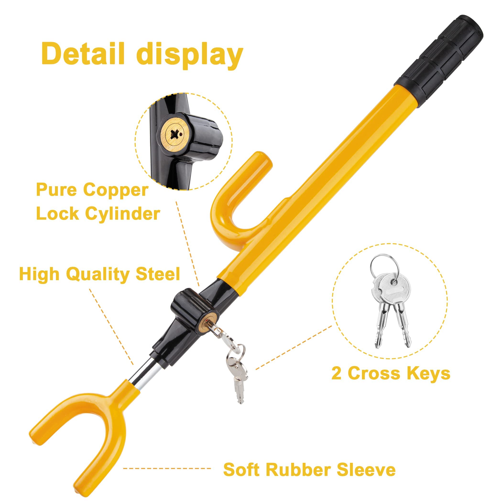 CARTMAN Vehicle Steering Wheel Lock - Adjustable Anti-Theft Security Lock for Cars, Trucks, Vans & SUVs, Yellow, Rubber Material