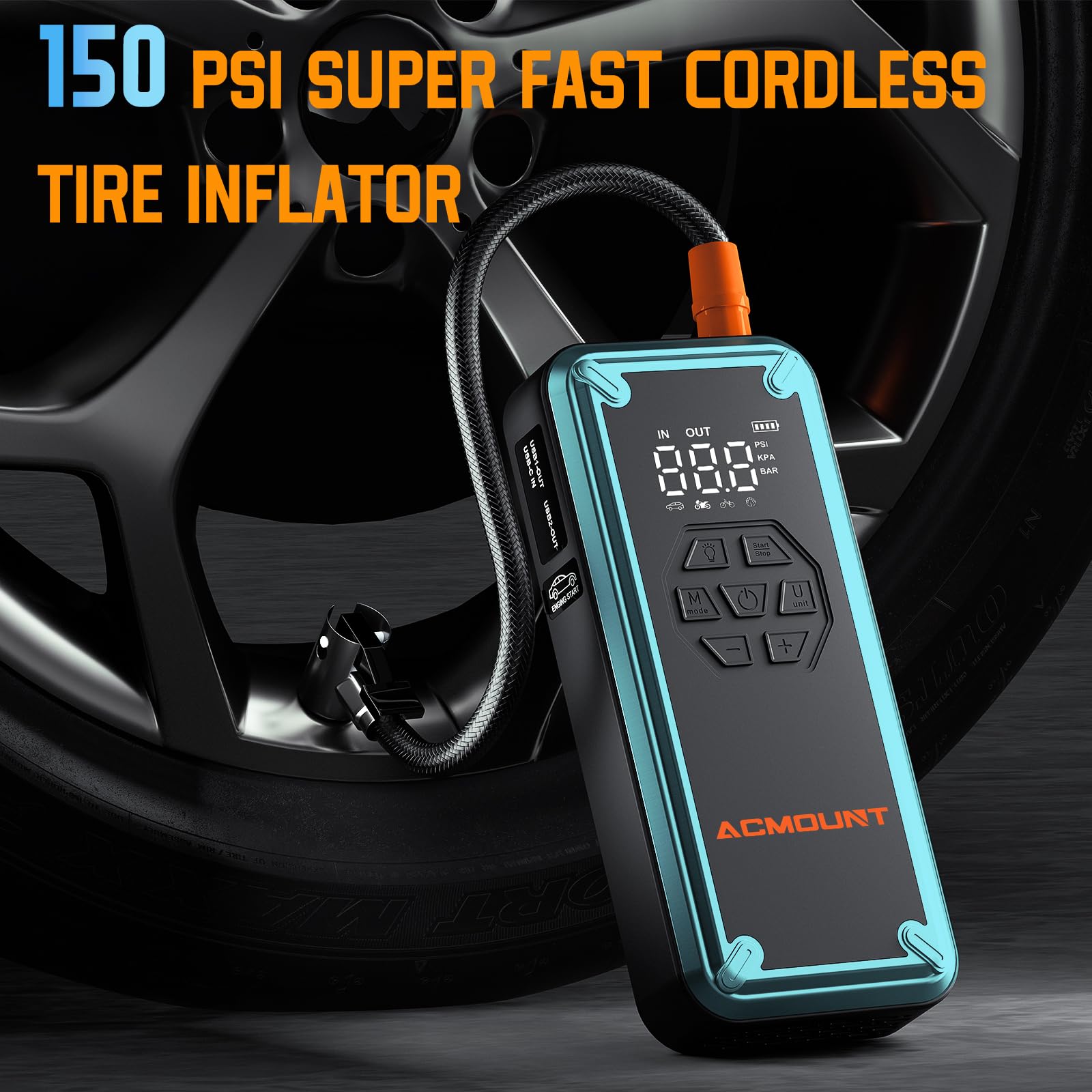 Jump Starter With Air Compressor, Acmount 5000A Car Battery Jump Starter With 150Psi Tire Inflator For Up To 9.0 Gas/8.0L Diesel