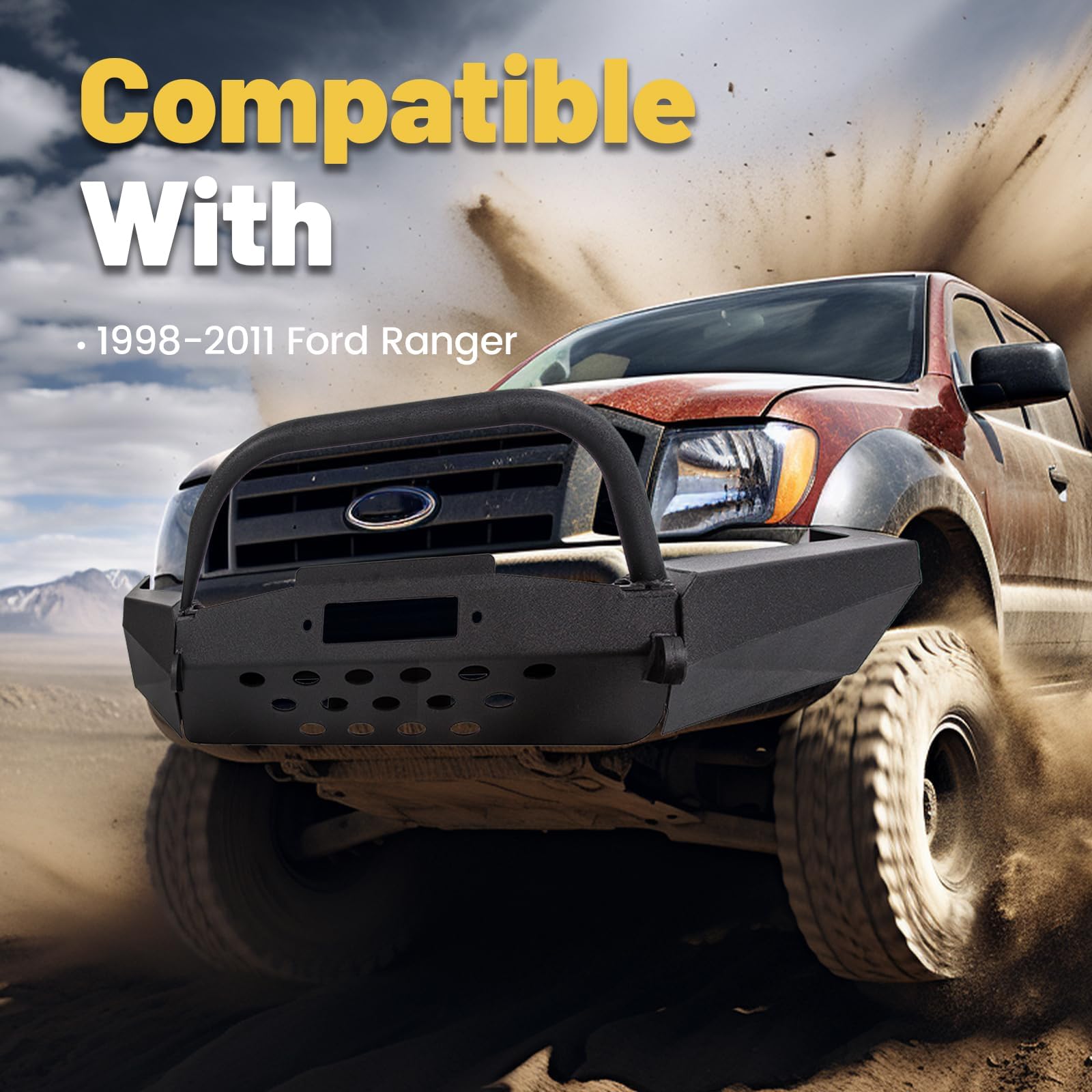 ECOTRIC Front Bumper Compatible with 1998-2011 Ford Ranger W/Winch Plate Bull Bar D-Ring Mounts Bumper Assembly Steel Powder Coa
