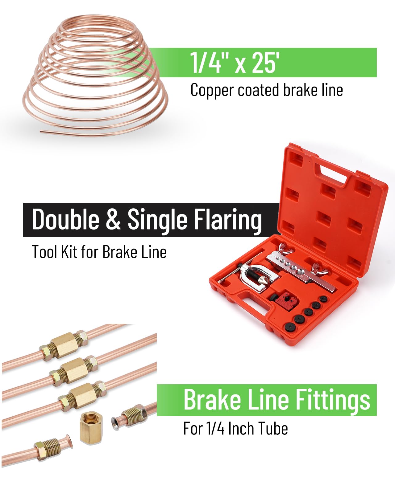 Racewill 25 ft Copper Coated Brake Line Kit with 16 Fittings & Flaring Tool Kit - 1/4" Brake Lines, Alloy Steel