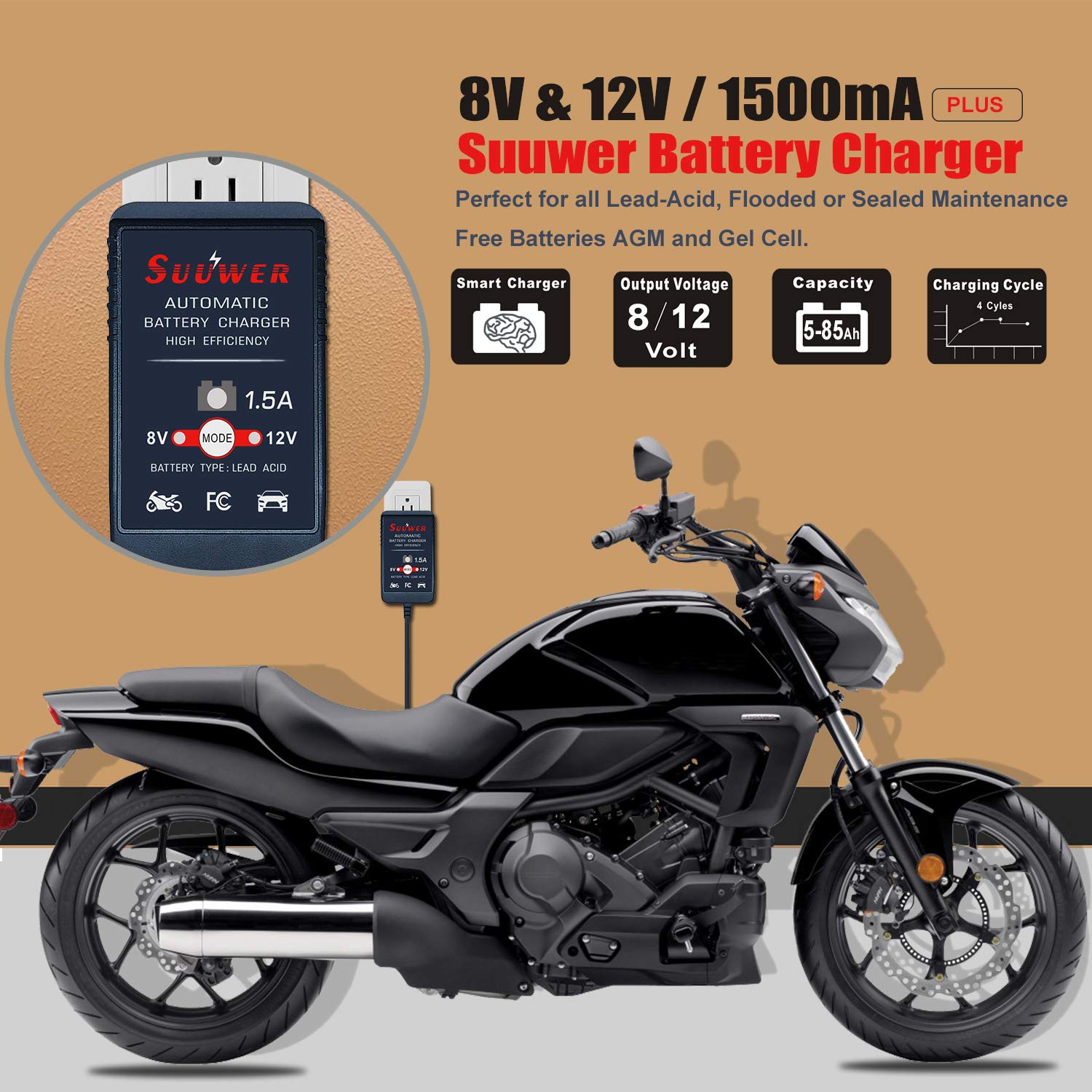 Suuwer 8V/12V 1.5A Automatic Battery Charger for Car, Motorcycle, Lawn Mower - Black
