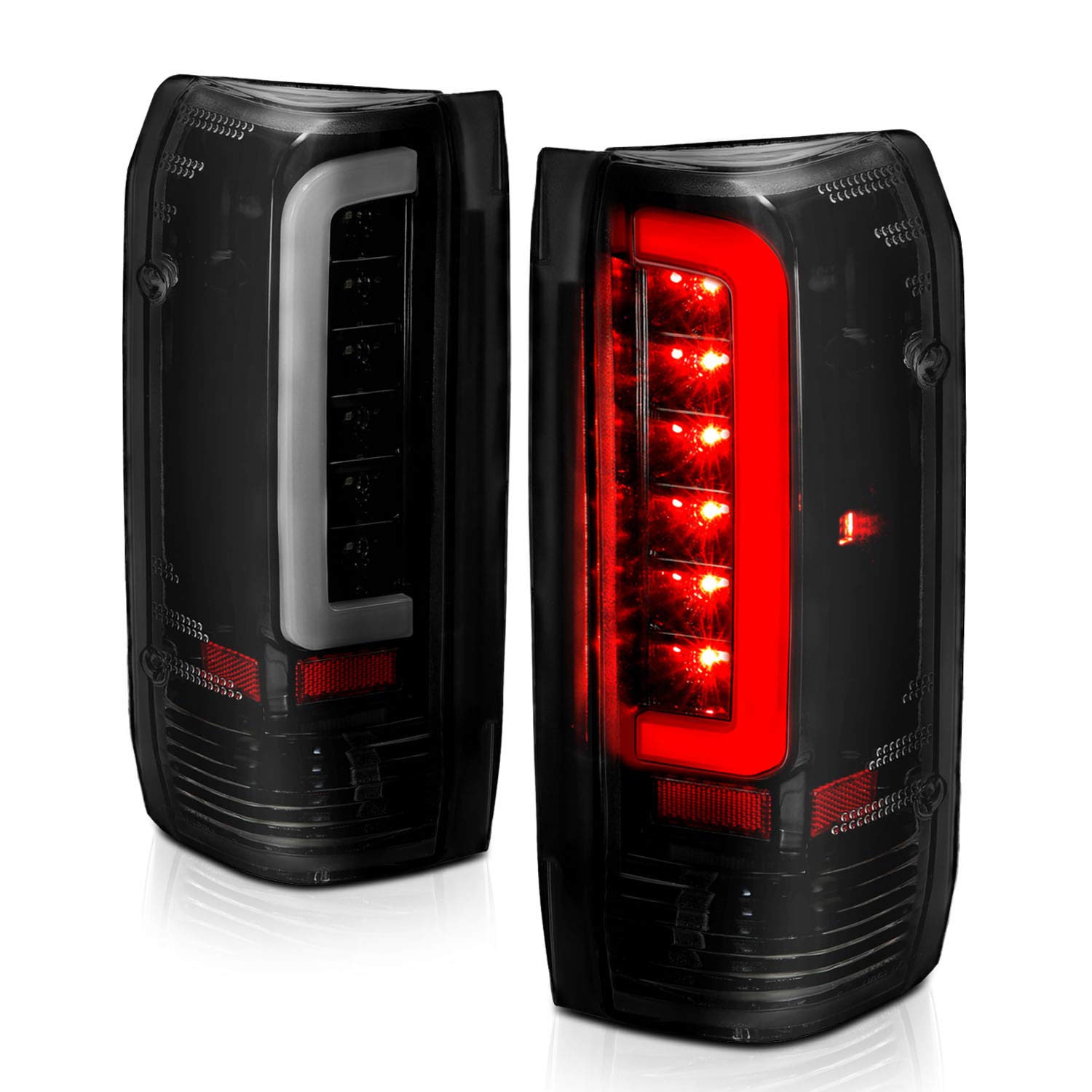 AmeriLite 3D C-Type Halogen & LED Tail Light Set for 1989-1996 Ford F150/Bronco/F250/F350, Dark Smoke, Black, Passenger & Driver