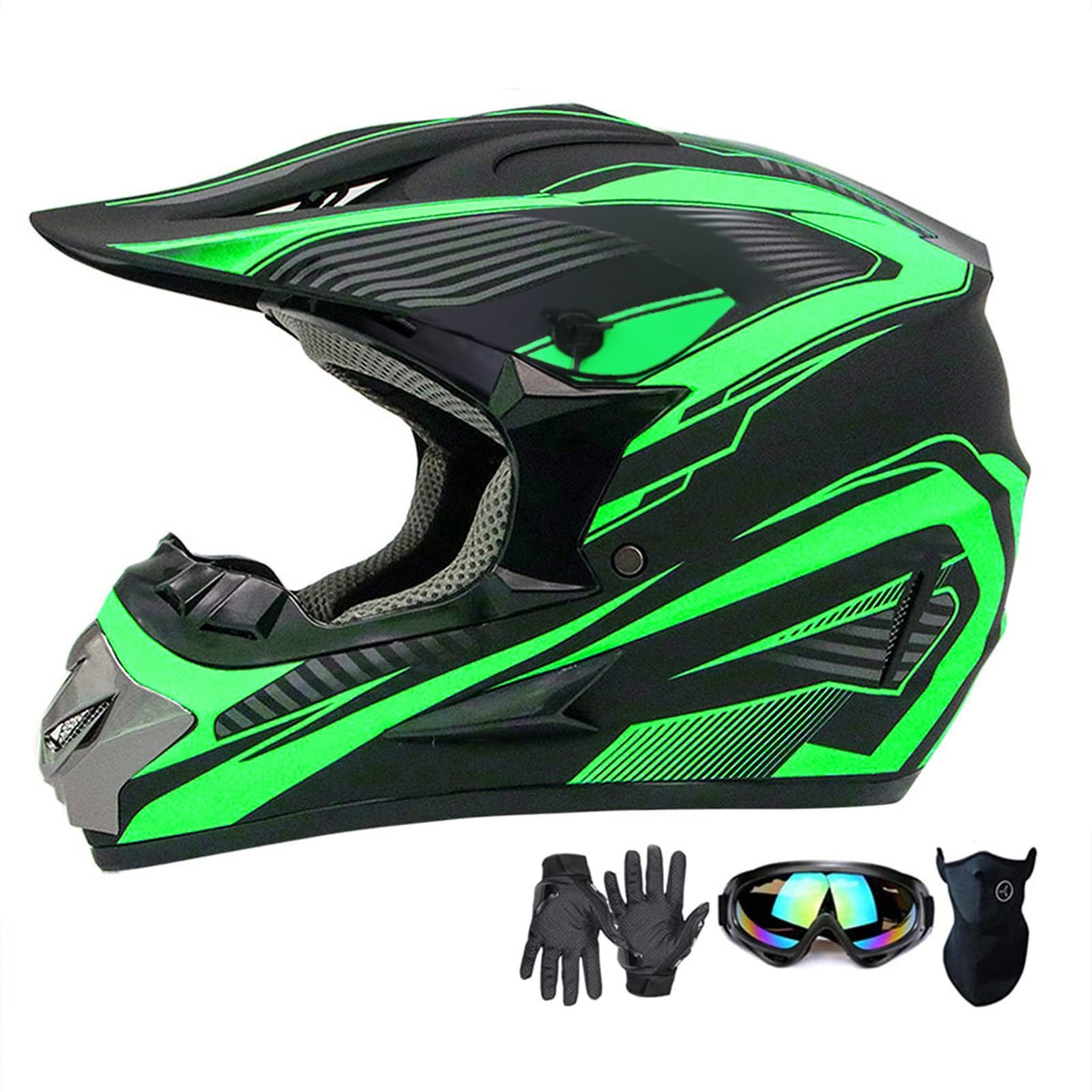 Motocross Helmet,Adult &Youth Trend Full Face Helmet,Atv Motorcycle Helmet,Dirt Bike Downhill Off-Road Mountain Bike Helmet,Dot Certified,4-Piece Set (Green, L)