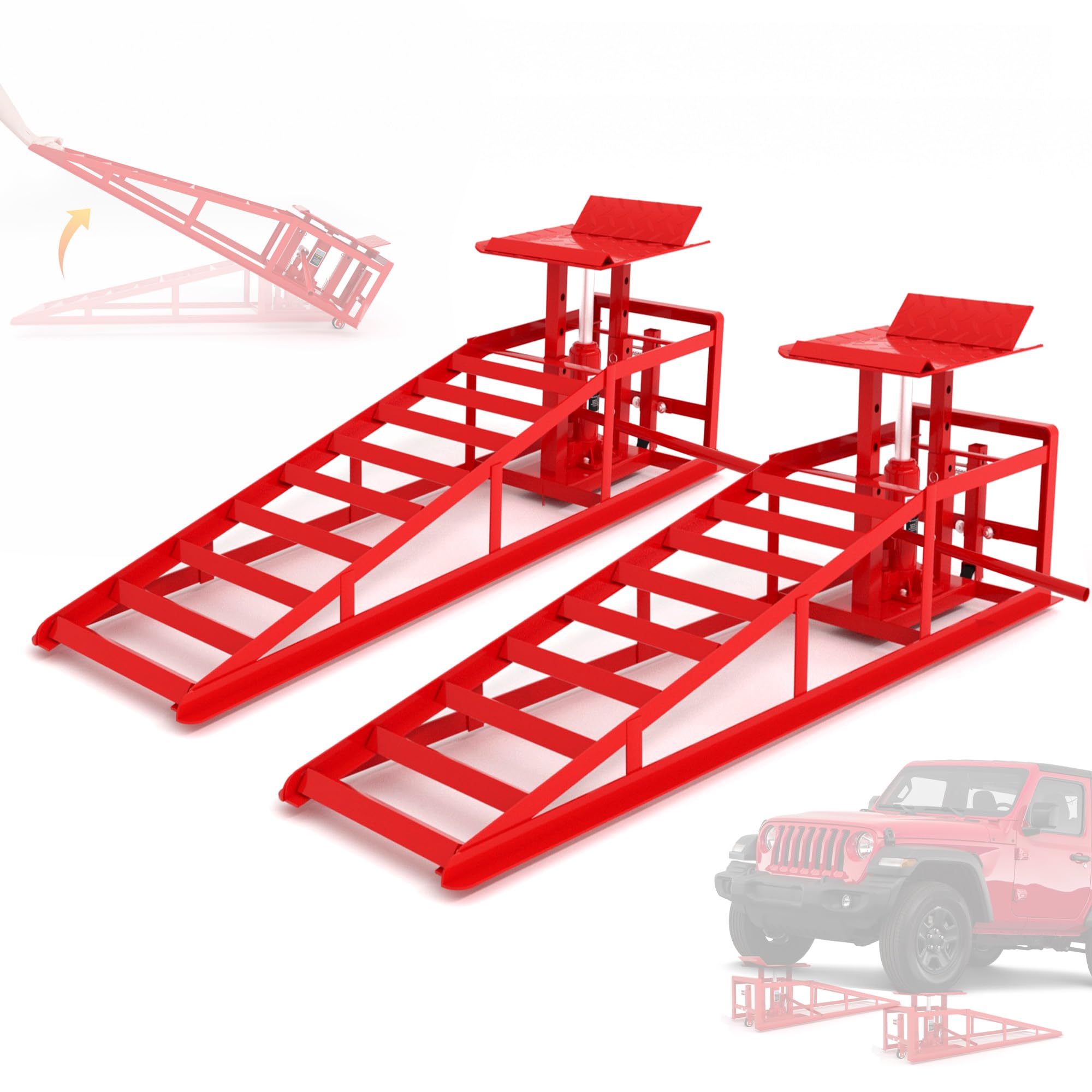 LOCKIETTA 2 PCS Hydraulic Car Ramps with Wheels, 11050LBS 5T Heavy Duty Car Ramp with Hydraulic Jack, Portable Car Lifts for Oil