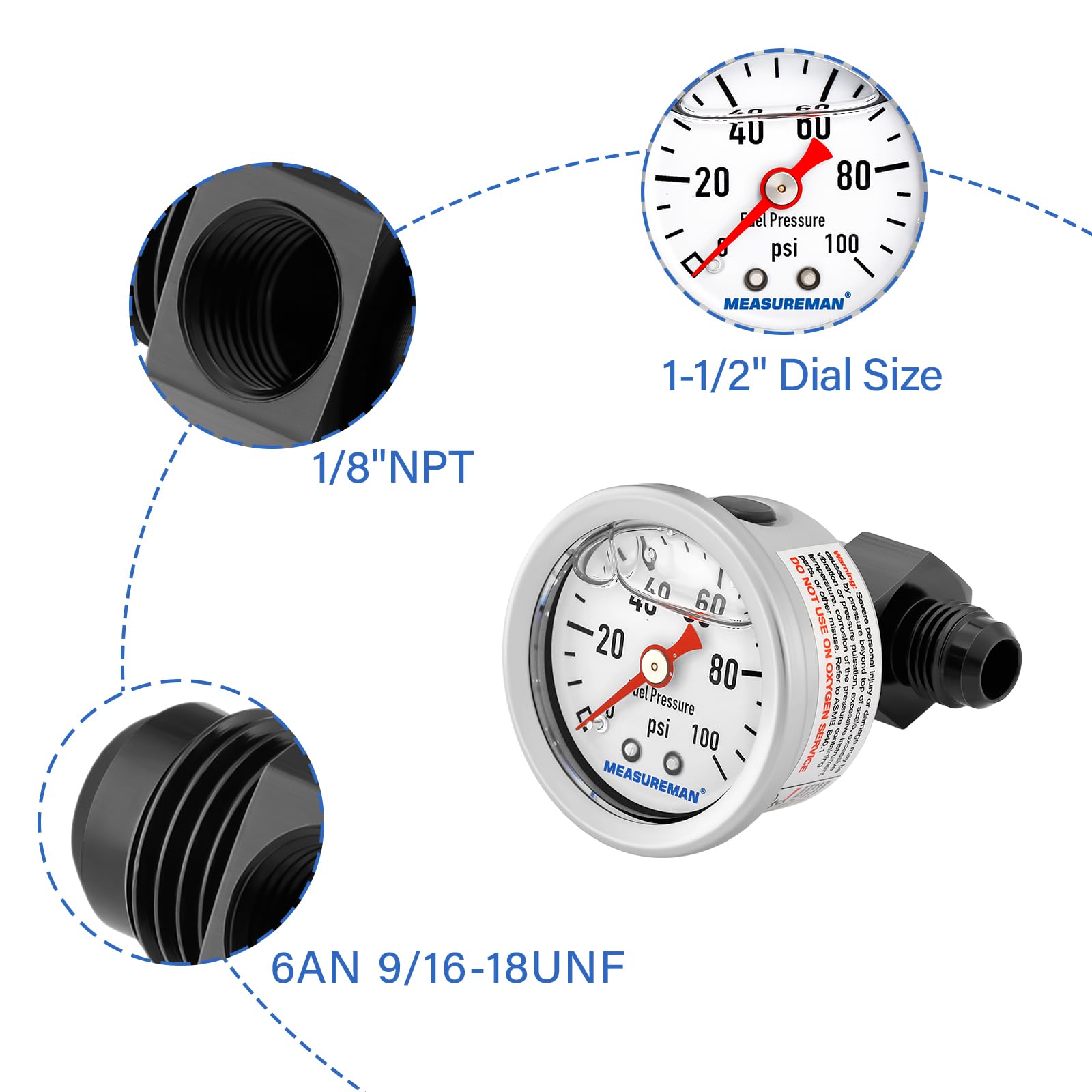 Measureman 0-100Psi Stainless Steel Glycerin Filled Fuel Pressure Gauge, 1-1/2'' Dial Size, With 6An Fuel Pressure Take Off Fitt