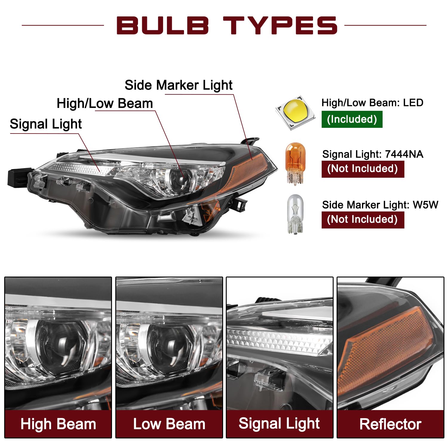 JSBOYAT LED Headlight Assembly for 2017-2019 Toyota Corolla L/LE, Left Driver Side, Halogen, Bulbs Included