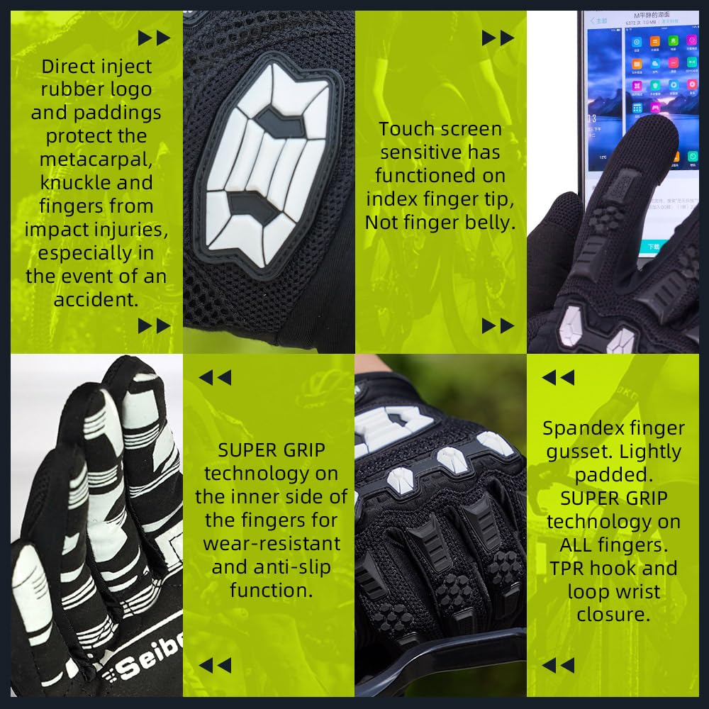 Seibertron Dirtpaw Full Finger Gloves for BMX/MX, Size M, Black, Spandex Material, Touch Recognition, Adult Size