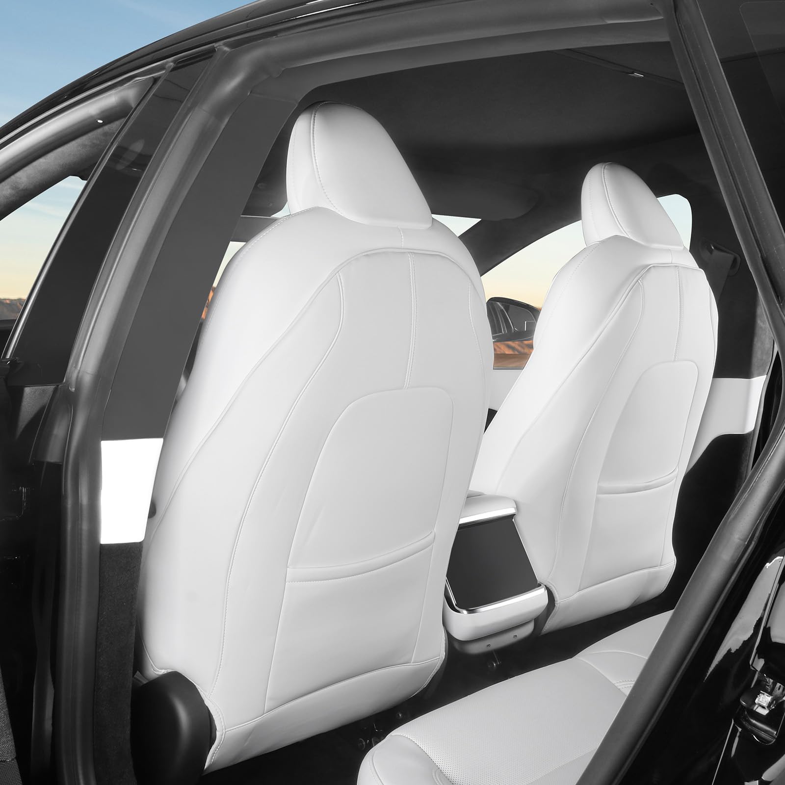 Basenor 2025 Upgraded Tesla Model 3/Y/S/X Leather Seat Back Kick Protector, Backseat Mats For Kids (Extra Organizer Pocket) Wate
