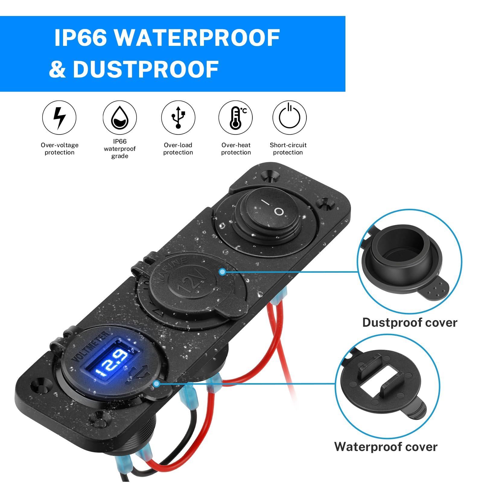 Kohree 12V Marine Boat Cigarette Lighter Socket, 3 In 1 Waterproof Car Dual Qc3.0 Usb Outlet Panel 12 Volt Rv Power Socket Led D