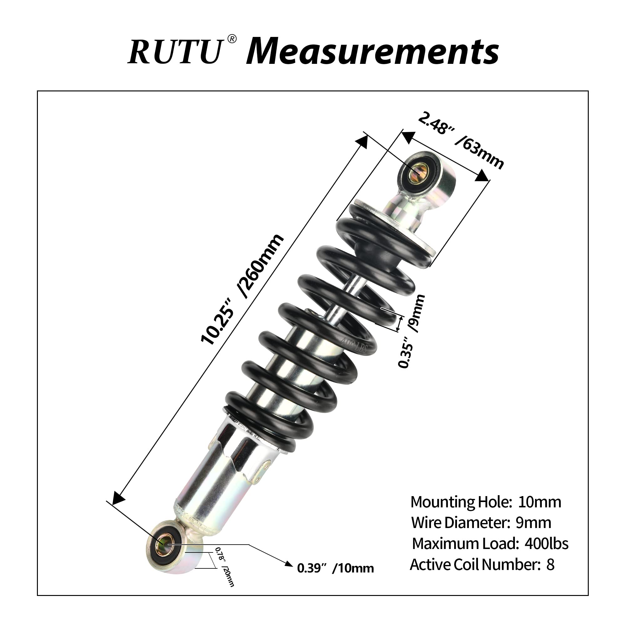 Rutu 10.25'' 260Mm Rear Shock, Mono Shock, Universal Pit Bike Shock Replacement For Sdg Ssr Pitster Lifan 110Cc 125Cc 140Cc 200C