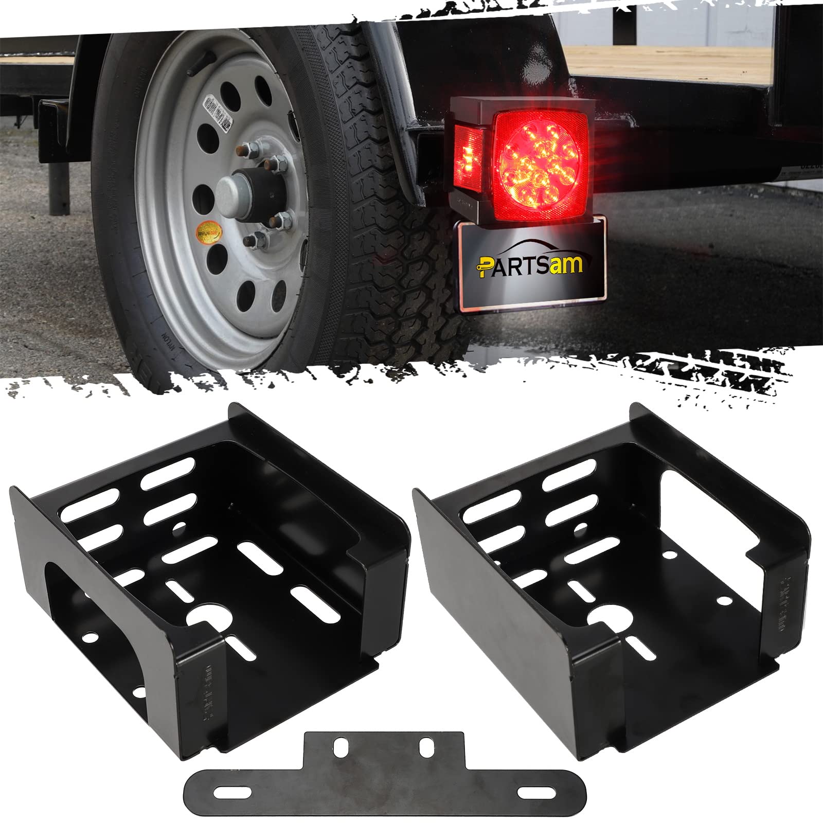 Partsam 1 Set Square Black Trailer Tail Light Mounting Box Left Right and License Plate Bracket Guard Cover Heavy Duty Steel S45