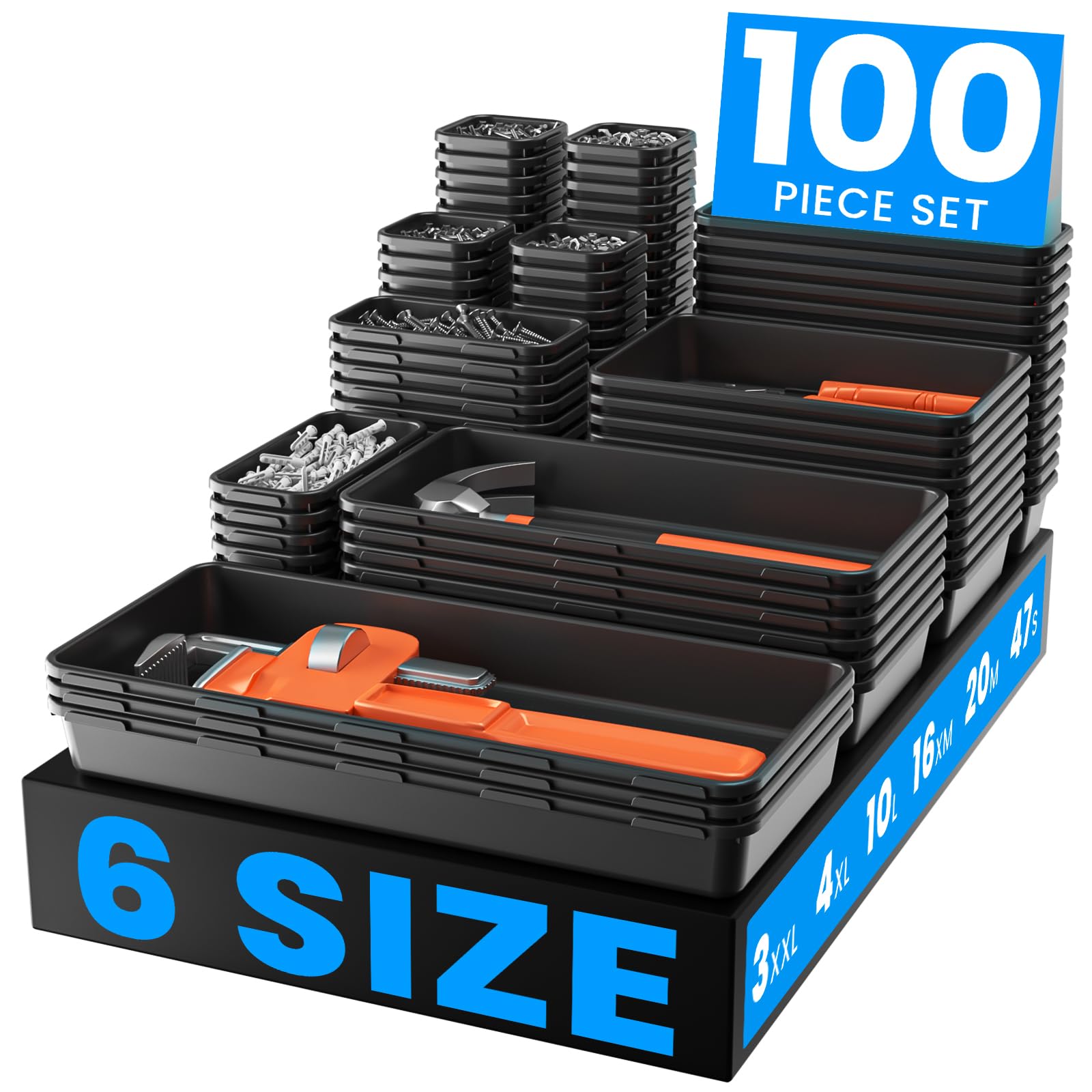 A-LuGei ??? ???????? & 100PCS? Tool Box Organizer Tray Set?Fits 100+ Tools? Black Plastic Drawer Divider Desk Drawer Organizer G