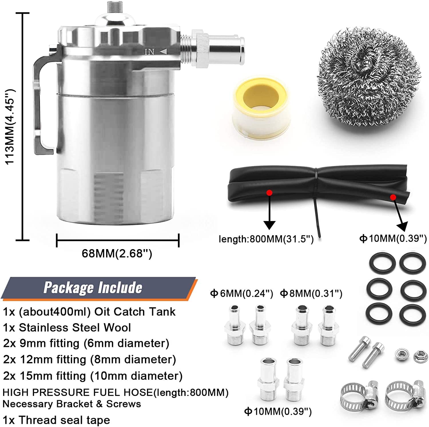 Muge Racing Universal Oil Catch Can Tank Kit Polish Baffled Reservoir With Breather Filter With 3/8'' Fuel Line, Aluminum, Silve