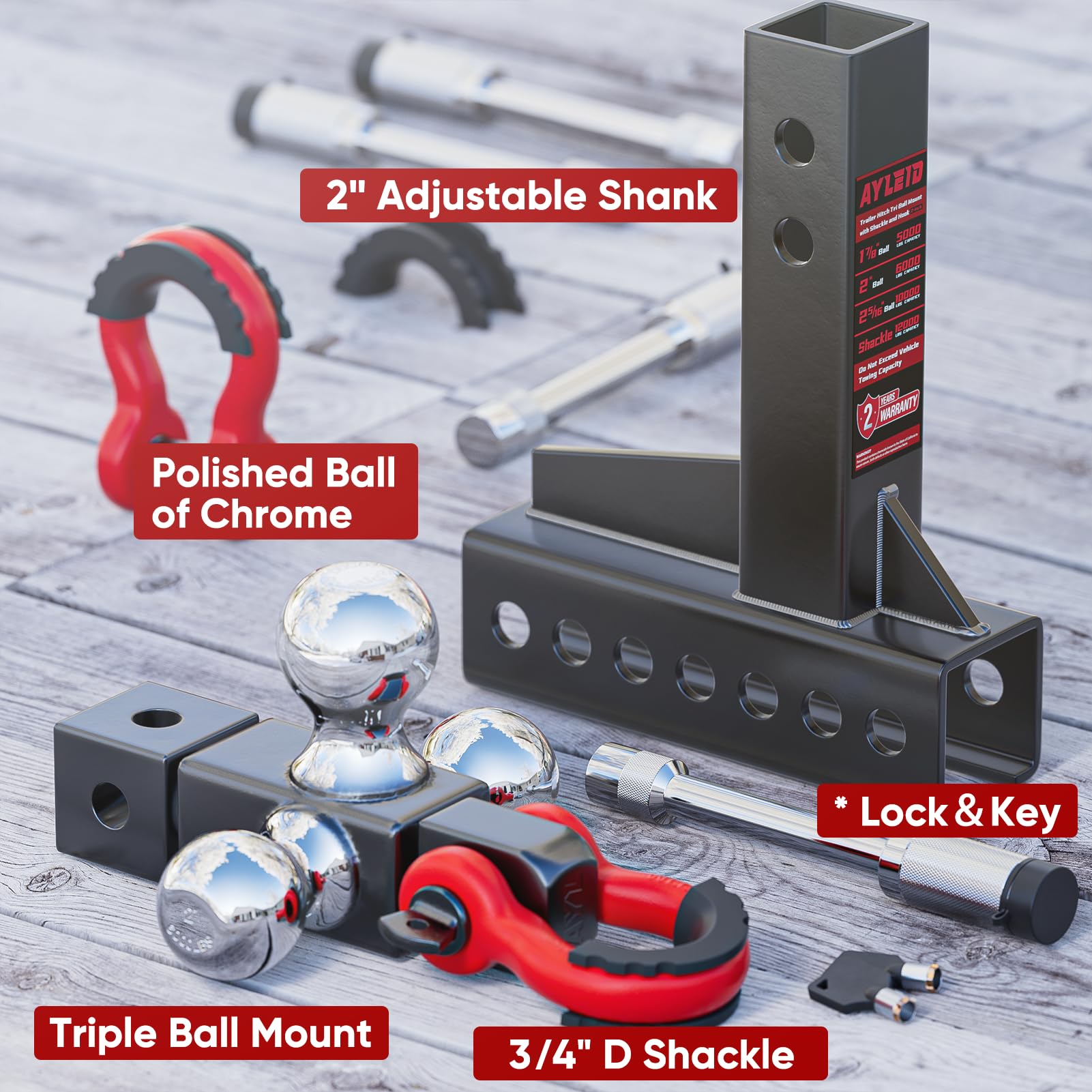 Ayleid Tri-Ball Trailer Hitch Mount with Anti-Theft Lock, Fits 2-in Receiver, Adjustable Shackle, C-Adjustable