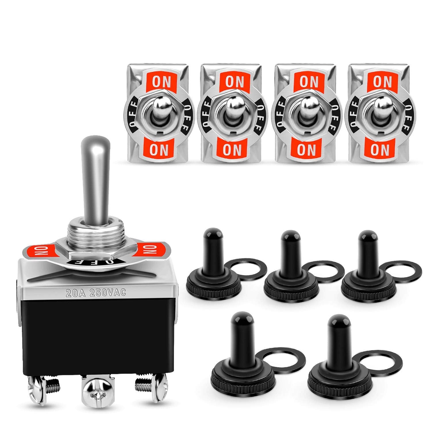 Nilight 5 Pack 6Pin Heavy Duty Rocker Toggle Switch 15A 250V 20A 125V Dpdt 6 Pin On/Off/On Switch Metal Bat Waterproof Boot Cap 