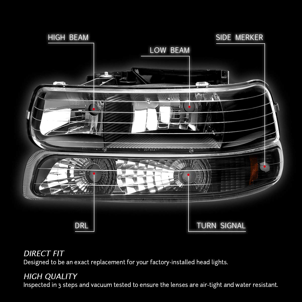 Dna Motoring Hl-Oh-Cs99-4P-Bk-Ab Black Amber Headlights Compatible With 99-02 Silverado 00-06 Suburban / Tahoe Bottom Bumper Lights Fit Oe Grill