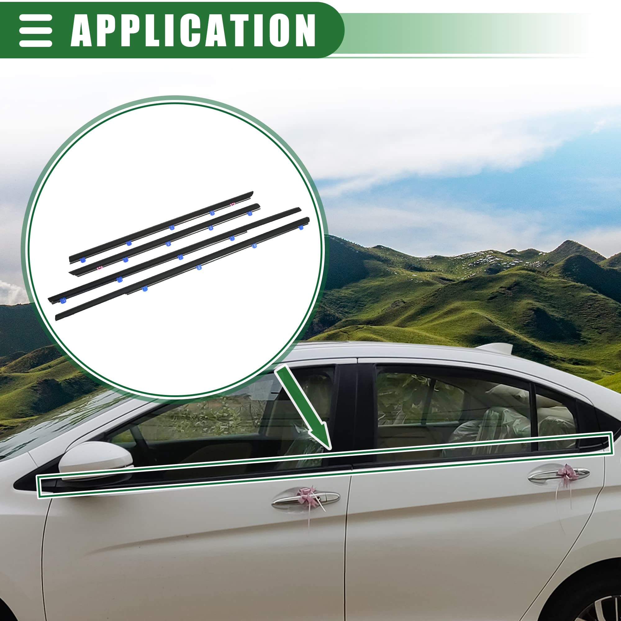 Motoforti Weatherstrip Window Trim Seal Belt Kit, Car Outside Window Seal Belt, For Honda Civic 2012-2015, Abs, 72450Tr0A01, Black, 1 Set, Front Rear Left Driver Right Passenger Side