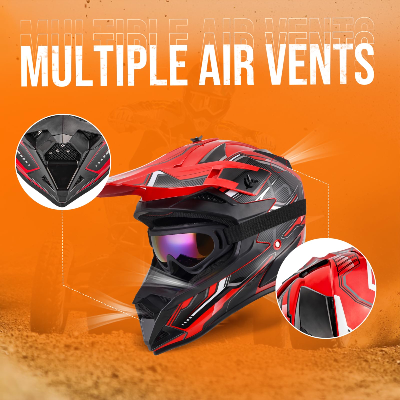 Oumurs Adult Dirt Bike Helmet ATV with Goggles, Gloves & Mask, XL, Red Black, ABS Plastics, DOT/FMVSS-218, Off-Road Motocross